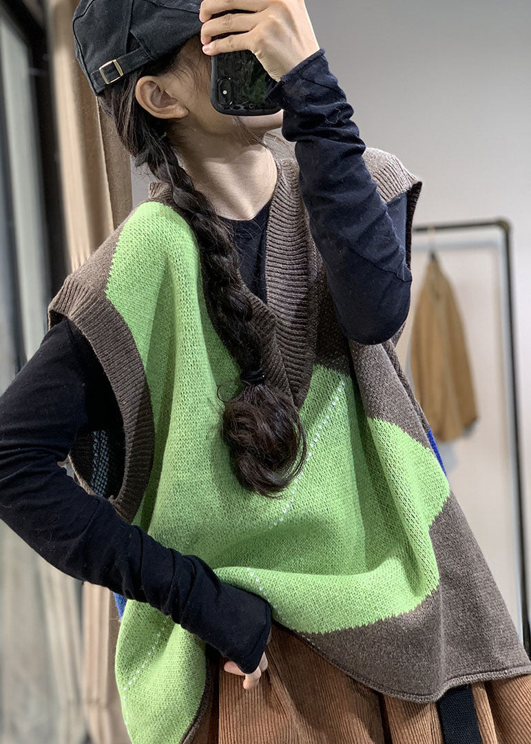 Italian Colorblock V Neck Patchwork Knit Vest Sleeveless TJ005