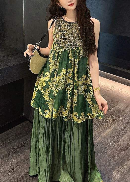 Green Silk Tulle O Neck Patchwork Italian Sequins Dresses
