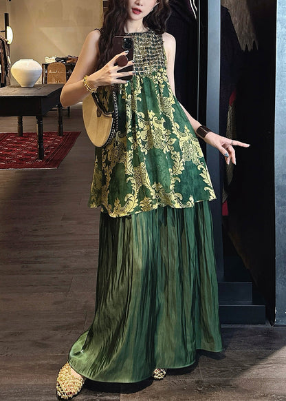 Green Silk Tulle O Neck Patchwork Italian Sequins Dresses