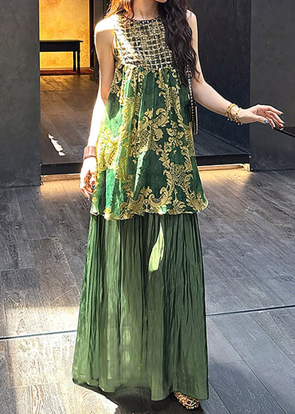 Green Silk Tulle O Neck Patchwork Italian Sequins Dresses