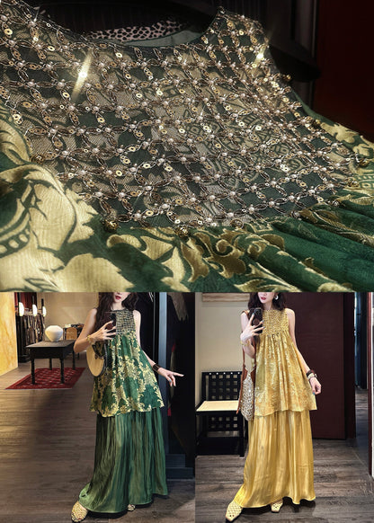 Green Silk Tulle O Neck Patchwork Italian Sequins Dresses