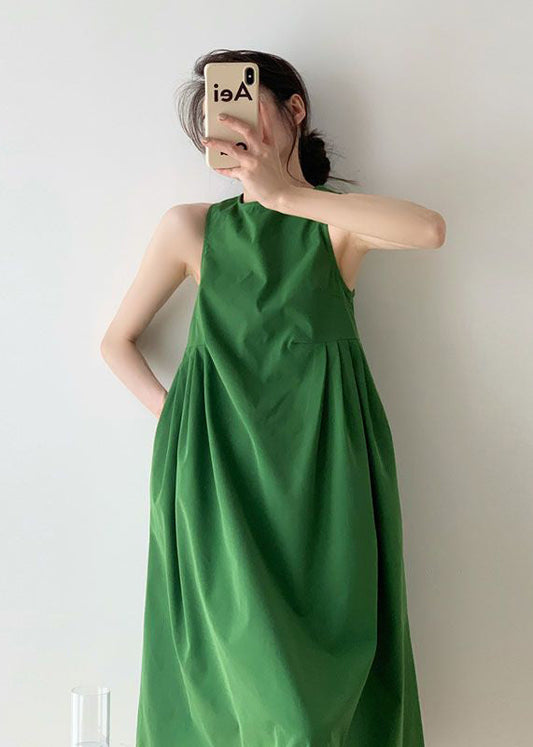 Italian Green O Neck Wrinkled Patchwork Cotton Dress Sleeveless WW1004