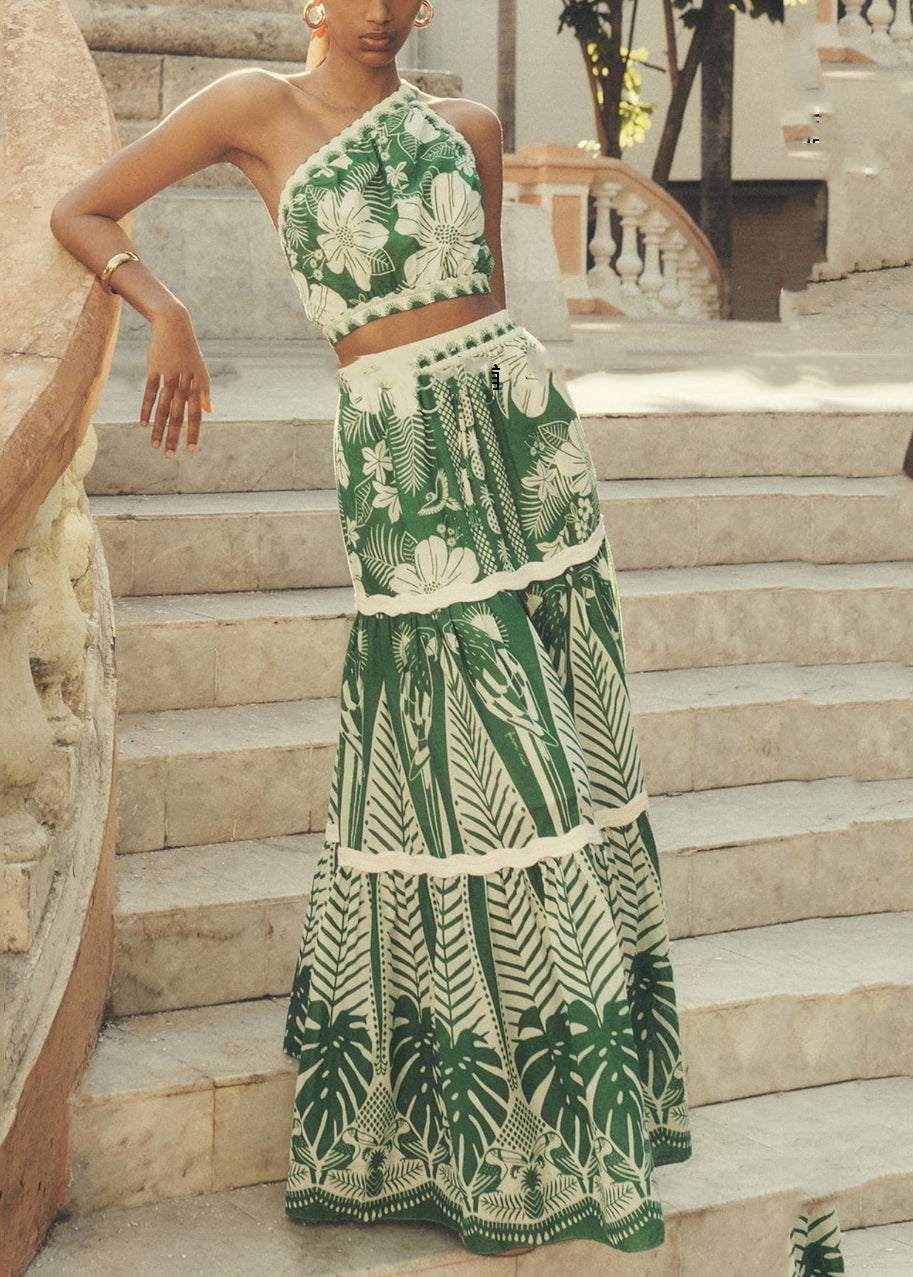 Green Shoulder Two Pieces Top And Skirts Italian One Maxi Print