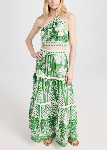 Green Shoulder Two Pieces Top And Skirts Italian One Maxi Print