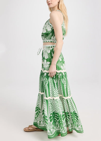 Green Shoulder Two Pieces Top And Skirts Italian One Maxi Print