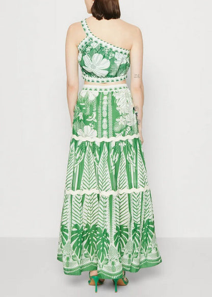 Green Shoulder Two Pieces Top And Skirts Italian One Maxi Print