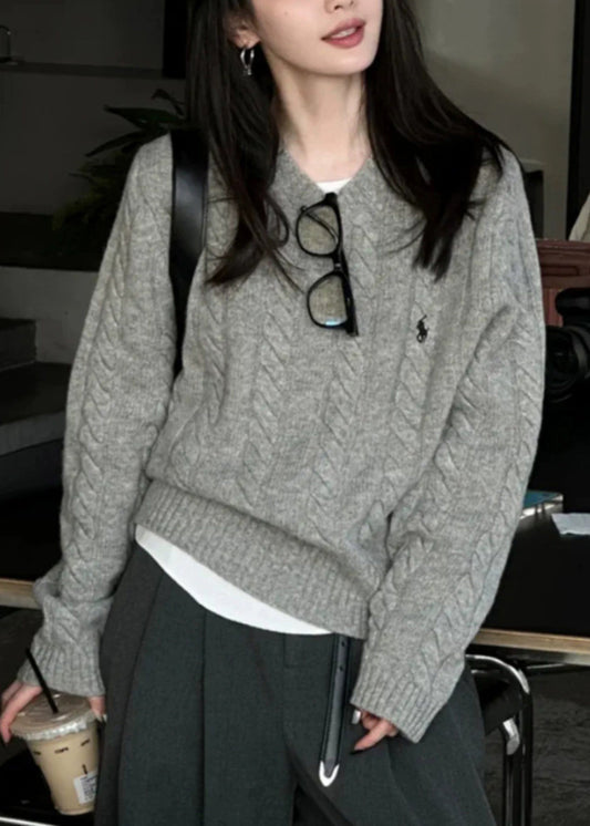 Italian Grey O Neck Cozy Warm Cable Knit Sweater Spring YY025