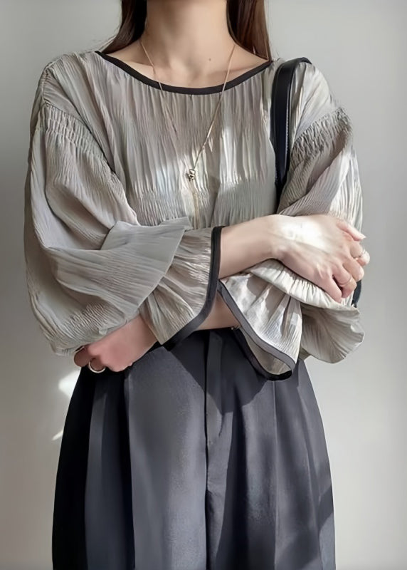 Tops Grey Chiffon Wrinkled Puff Oversized Sleeve Italian