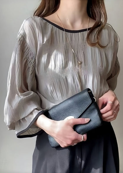 Tops Grey Chiffon Wrinkled Puff Oversized Sleeve Italian