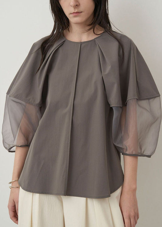 Italian Grey Organza Tops Patchwork Sleeve Summer Puff Shirt