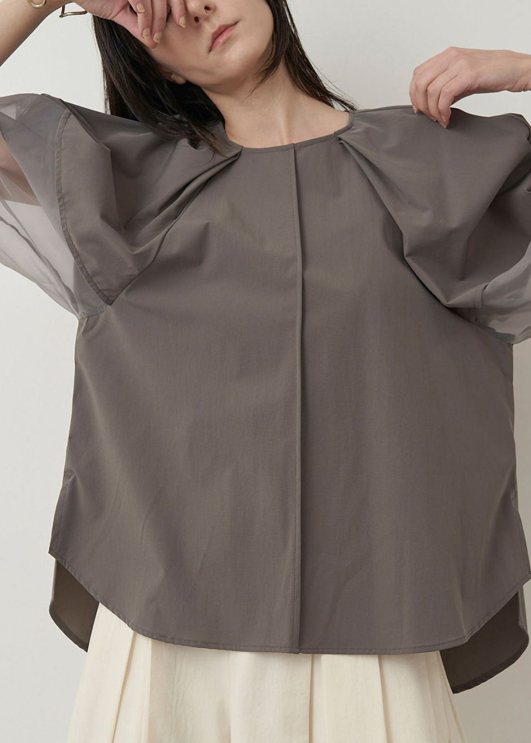 Italian Grey Organza Tops Patchwork Sleeve Summer Puff Shirt
