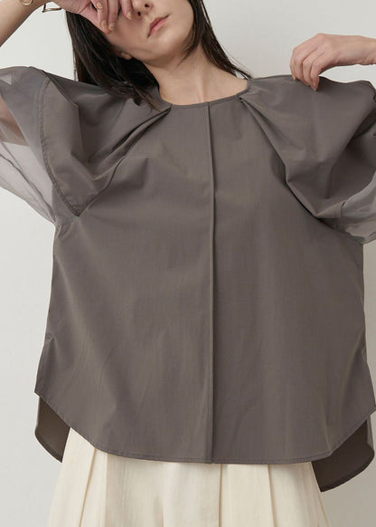 Italian Grey Organza Tops Patchwork Sleeve Summer Puff Shirt