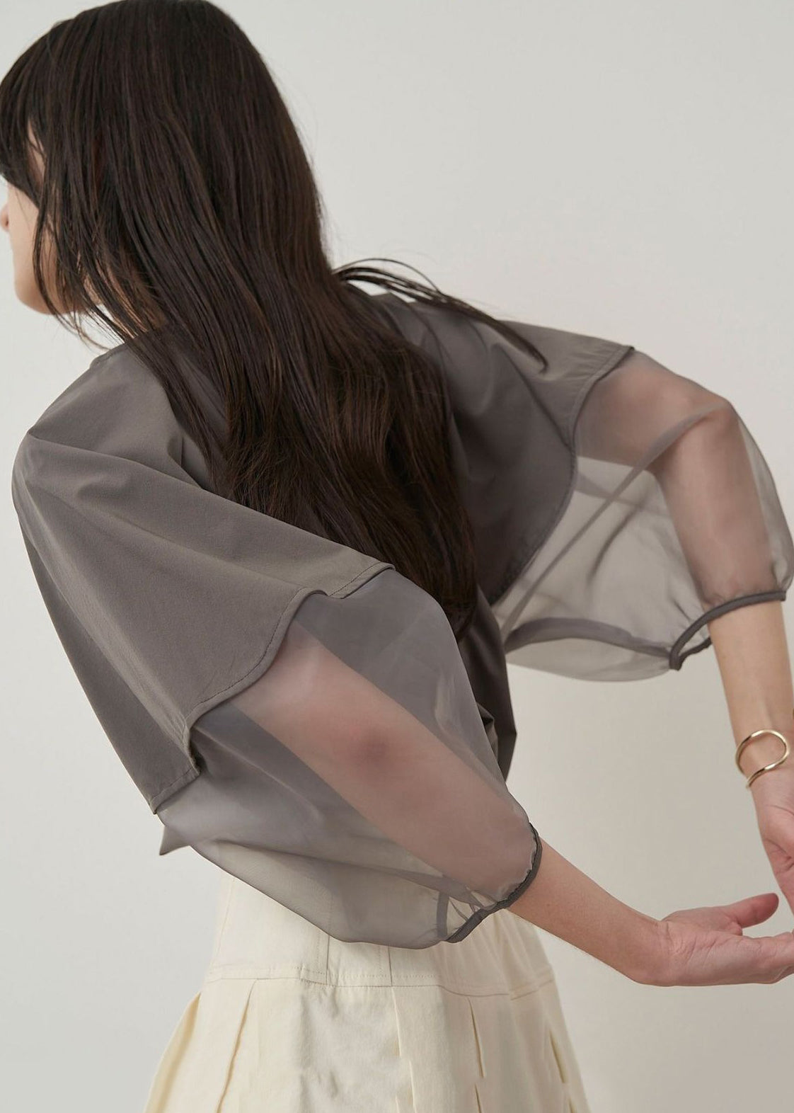 Italian Grey Organza Tops Patchwork Sleeve Summer Puff Shirt