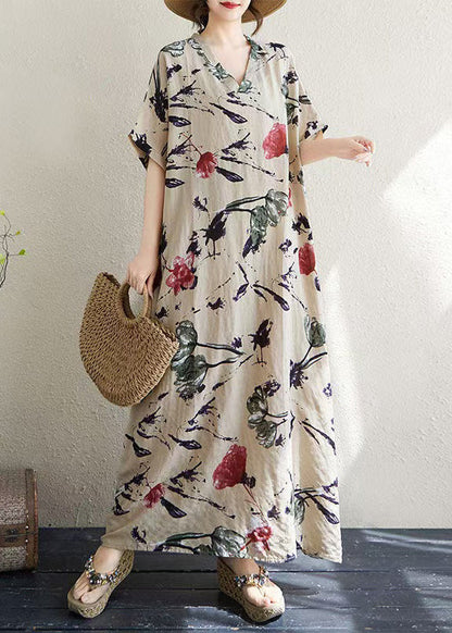 Print Italian Khaki Dresses Summer Oversized Cotton