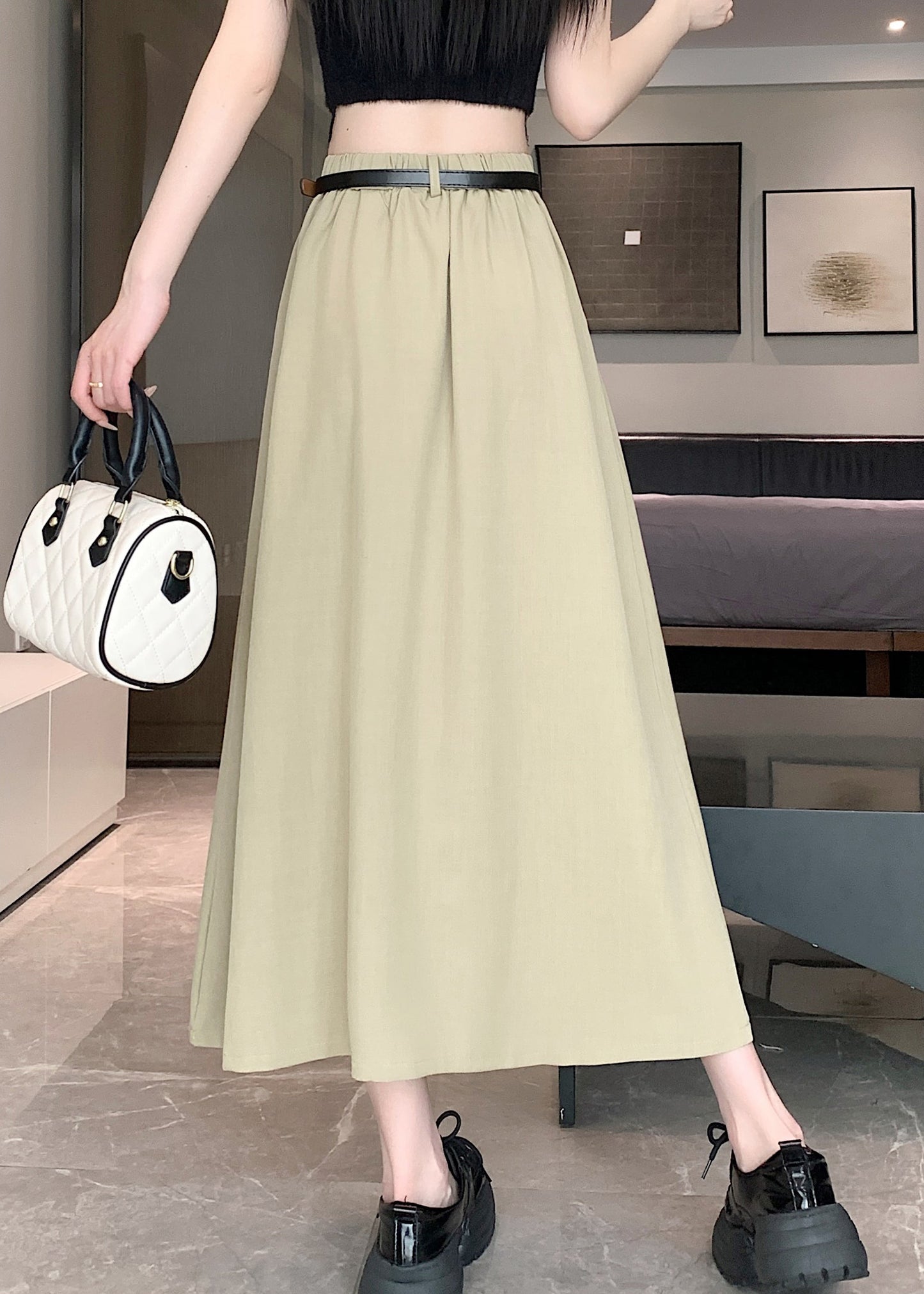 Italian Khaki Versatile High Waist Wrinkled Skirt Spring QQ1002