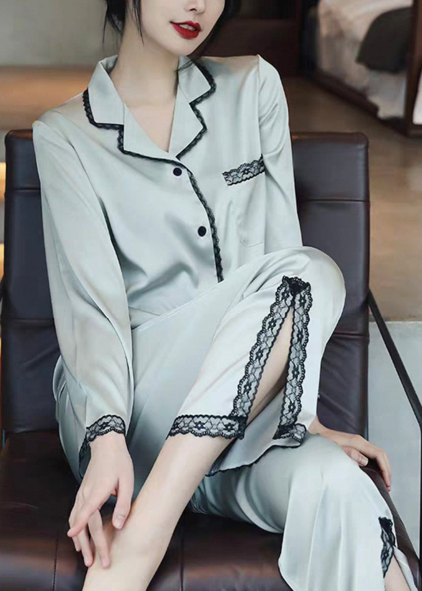 Italian Light Blue Side Open Lace Patchwork Ice Silk Pajamas Two Piece Set Spring YK008