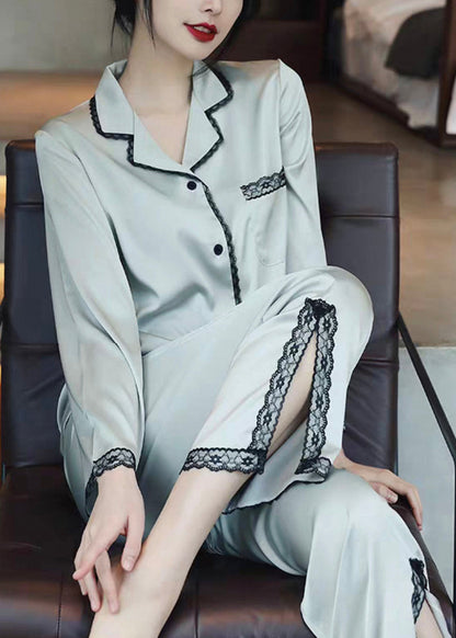 Italian Light Blue Side Open Lace Patchwork Ice Silk Pajamas Two Piece Set Spring YK008