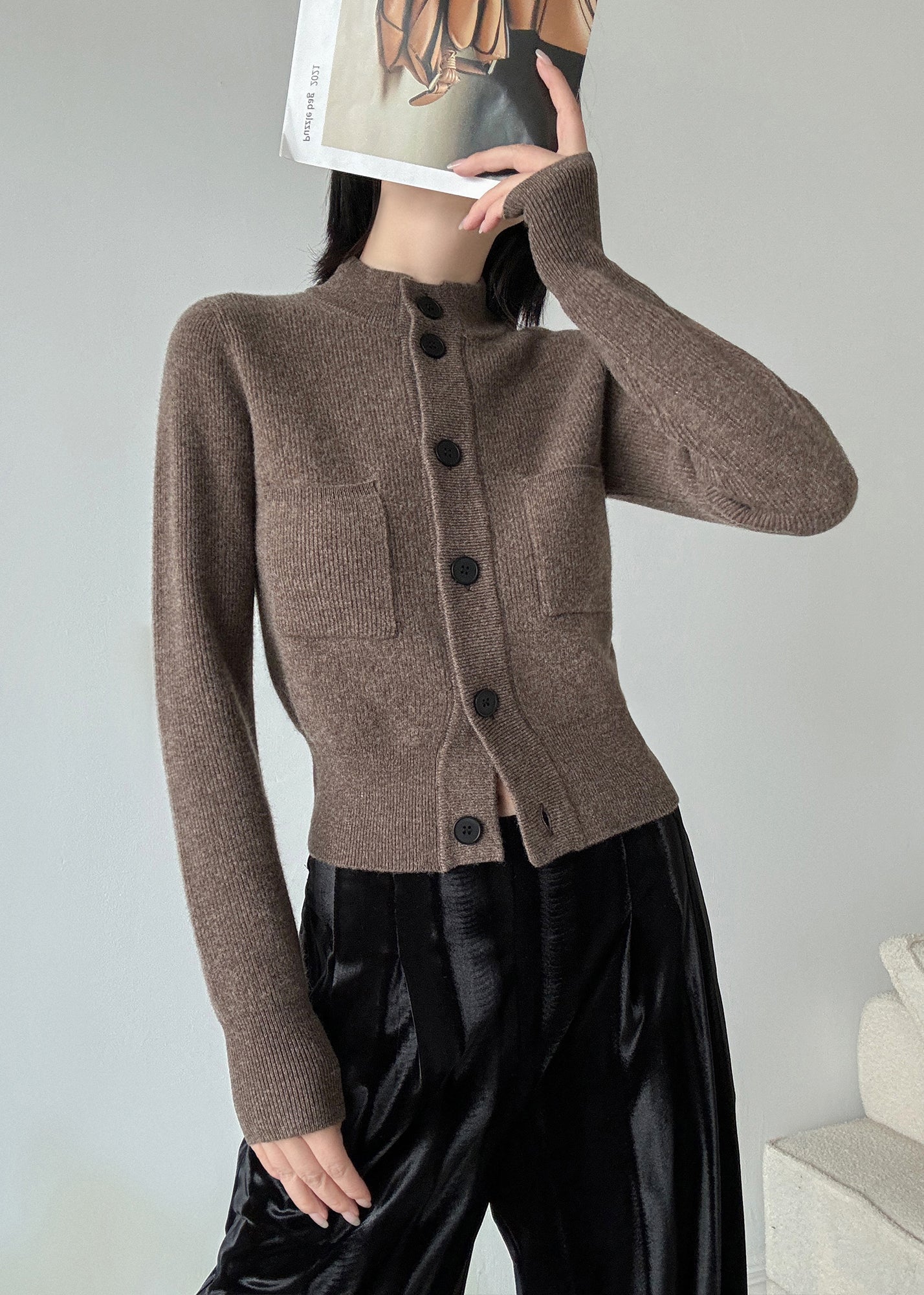 Italian Light Grey Stand Collar Button Wool Cardigans Spring TY026