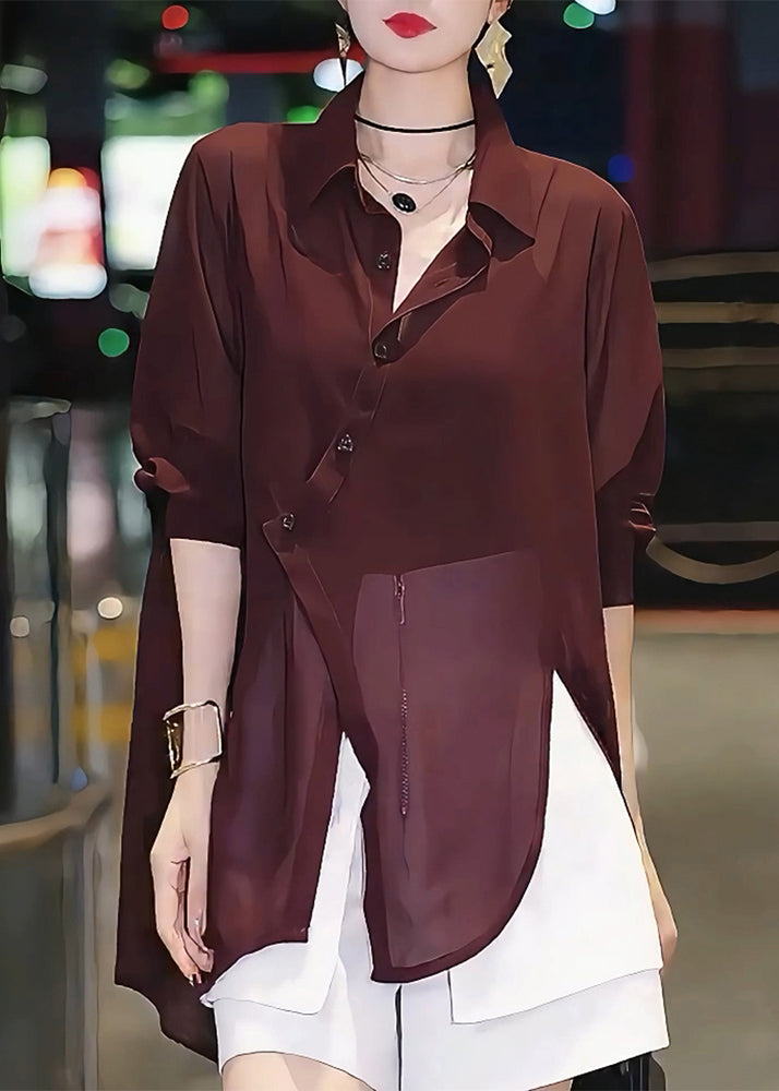 Shirts Patchwork Italian Chiffon Mulberry Asymmetrical Summer