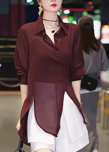 Shirts Patchwork Italian Chiffon Mulberry Asymmetrical Summer