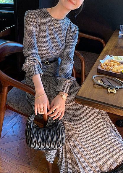 High Cotton Long Italian Dresses Waist Print O-Neck Navy Fall