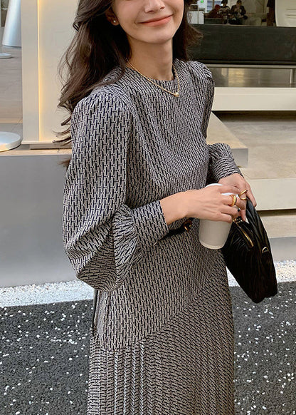 High Cotton Long Italian Dresses Waist Print O-Neck Navy Fall