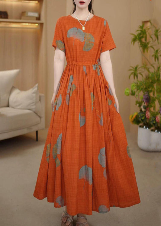 Orange Italian Cotton Summer Dresses Cinched Maxi Print