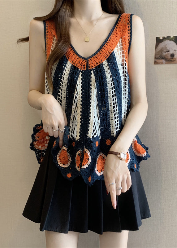 Italian Orange Vests Summer Knit Neck V