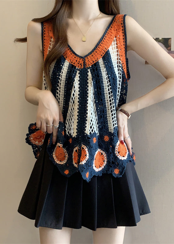 Italian Orange Vests Summer Knit Neck V