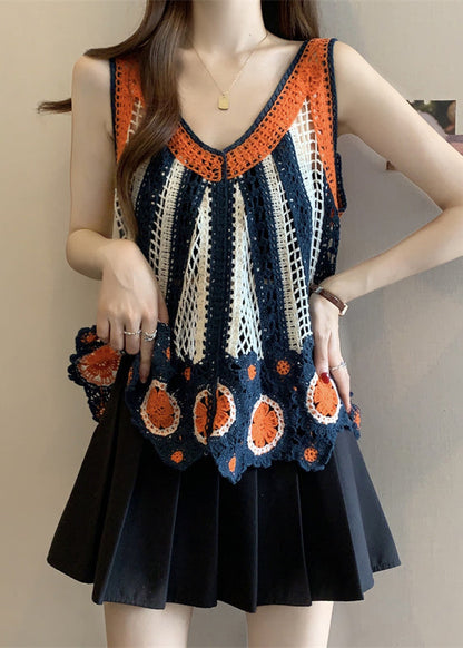 Italian Orange Vests Summer Knit Neck V