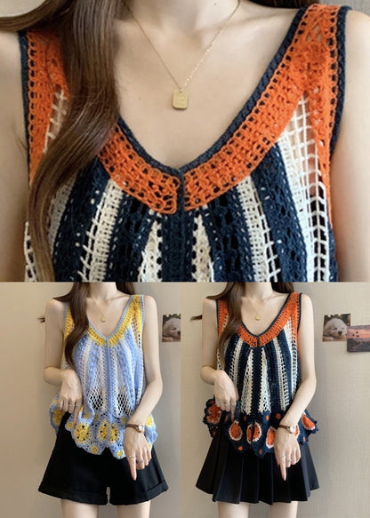Italian Orange Vests Summer Knit Neck V