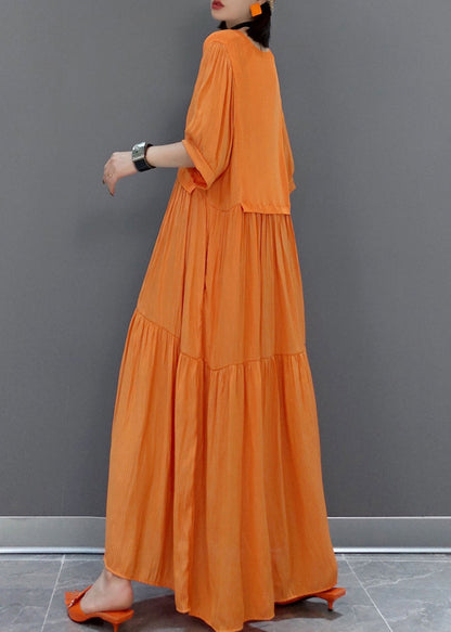 Italian Orange V Neck Patchwork Holiday Maxi Dress Summer VB1002