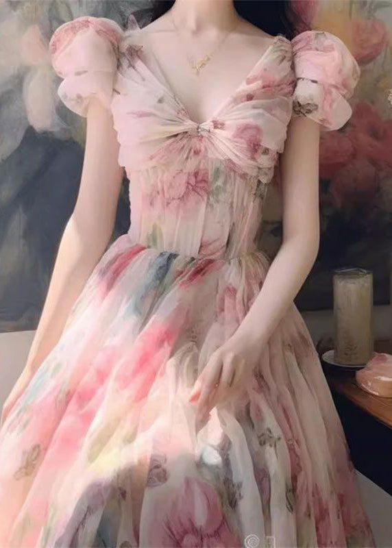 Robe longue en mousseline de soie à imprimé rose italien à col en V pour l'été XX069