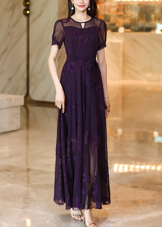 Italian Purple Embroidered Lace Up Chiffon Maxi Dress Summer XX073