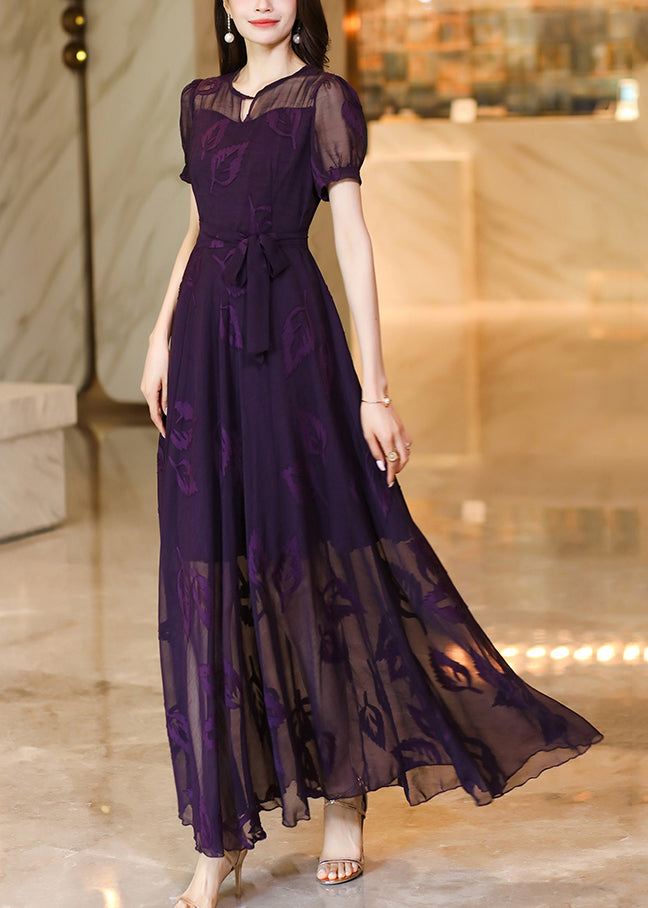 Italian Purple Embroidered Lace Up Chiffon Maxi Dress Summer XX073