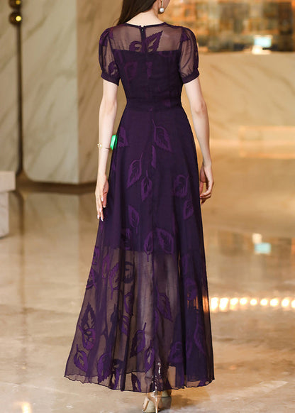 Italian Purple Embroidered Lace Up Chiffon Maxi Dress Summer XX073