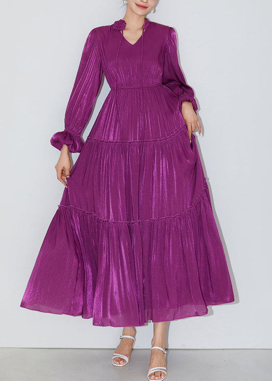 Robe longue en soie à volants violets italiens à taille élastique et manches papillon AM1005