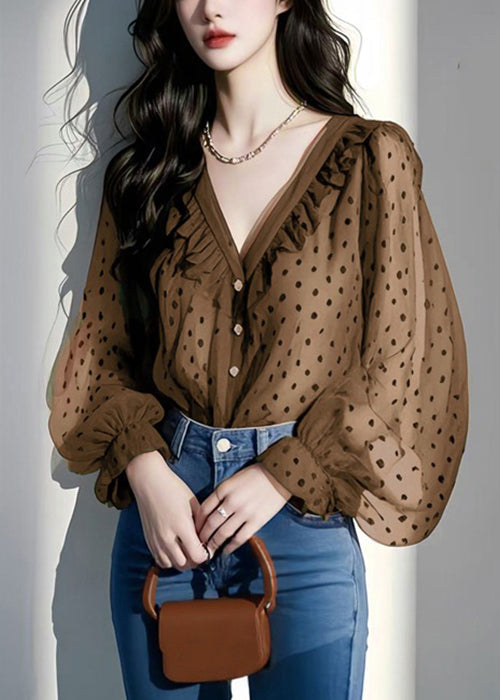 Italian Ruffled Spring V Purple Shirts Chiffon Dot Neck