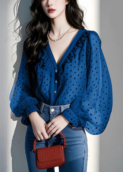 Italian Ruffled Spring V Purple Shirts Chiffon Dot Neck