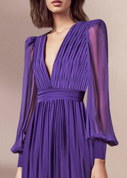 Robe longue en mousseline de soie froissée à col en V violet italien Automne QR042