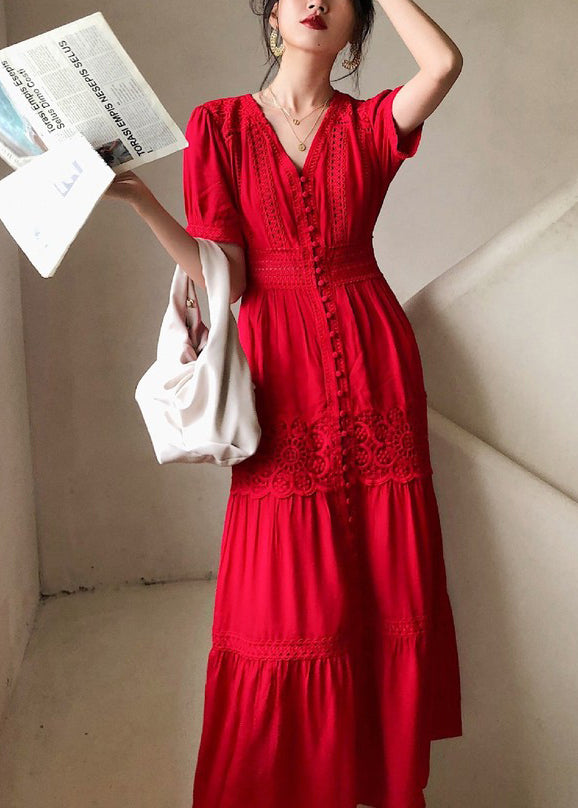 Hollow Lace Summer Dress Cotton Red Italian Shirts Out Button