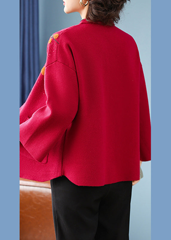 Italian Red V Neck Pockets Cotton Knit Cardigans Bracelet Sleeve TA021