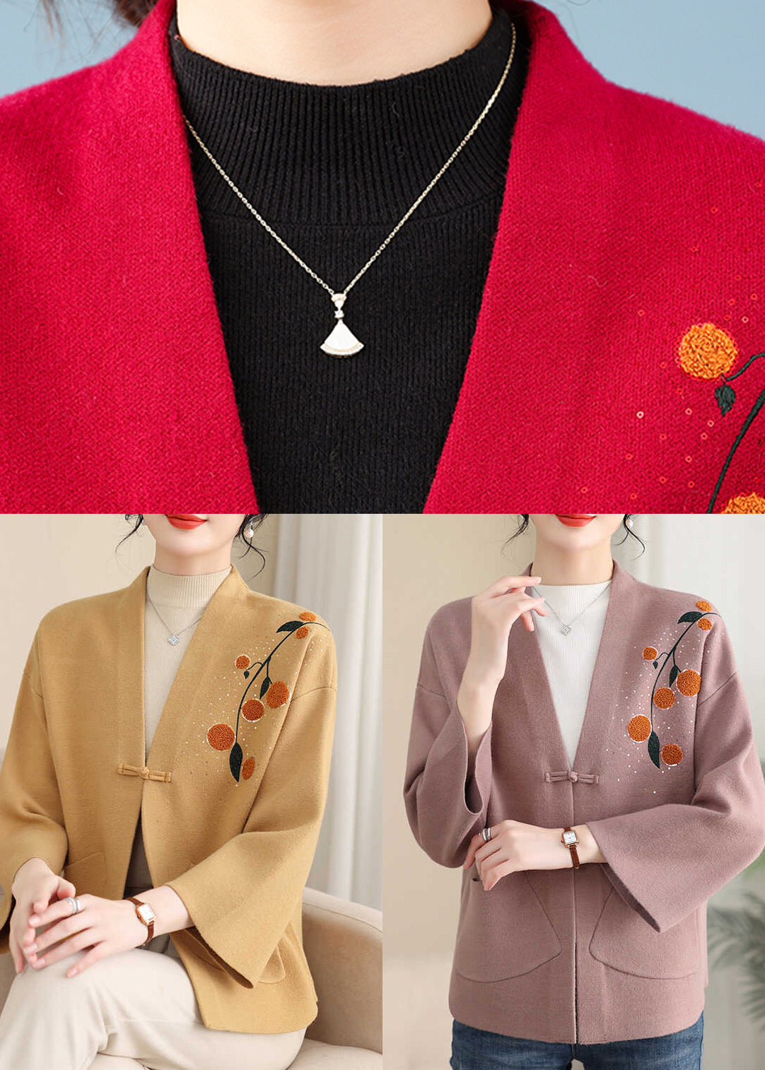 Italian Red V Neck Pockets Cotton Knit Cardigans Bracelet Sleeve TA021