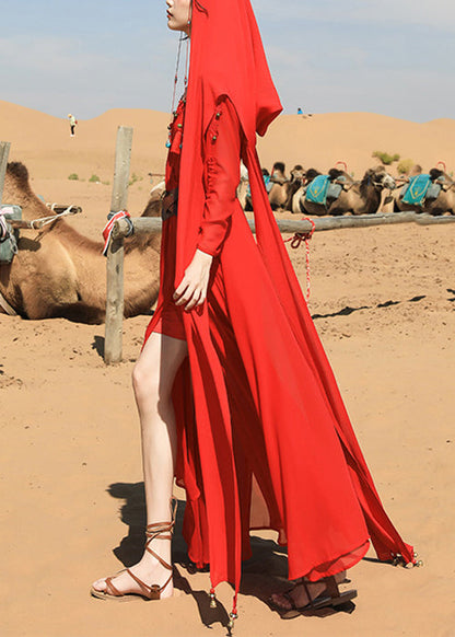 Maxi Dress Fall Tasseled V Chiffon Neck Italian Red Bead Nail