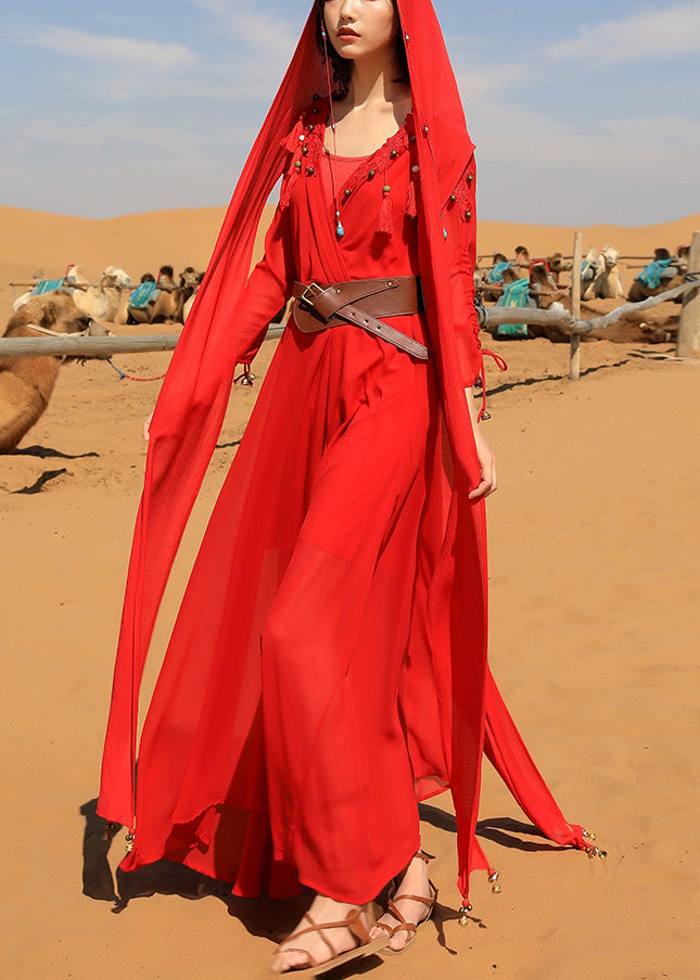 Maxi Dress Fall Tasseled V Chiffon Neck Italian Red Bead Nail