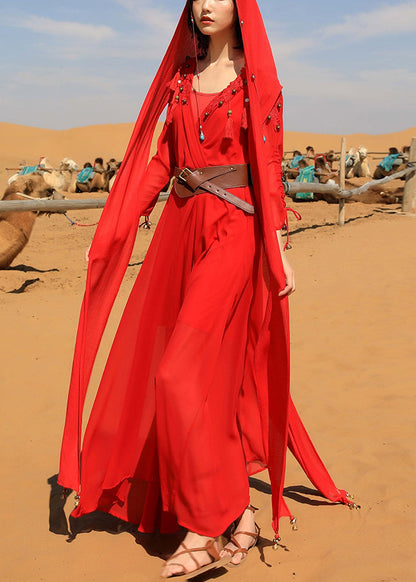 Maxi Dress Fall Tasseled V Chiffon Neck Italian Red Bead Nail