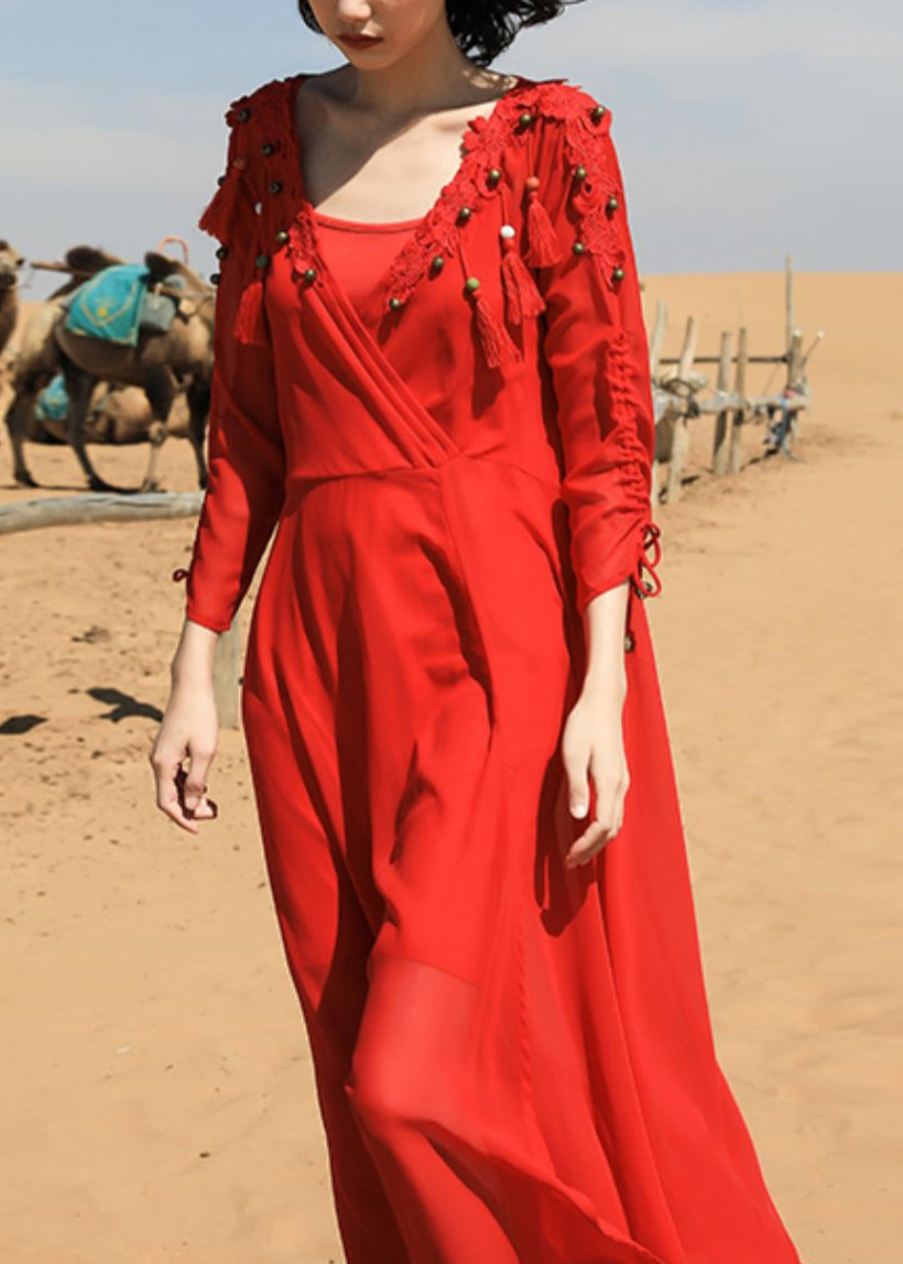 Maxi Dress Fall Tasseled V Chiffon Neck Italian Red Bead Nail