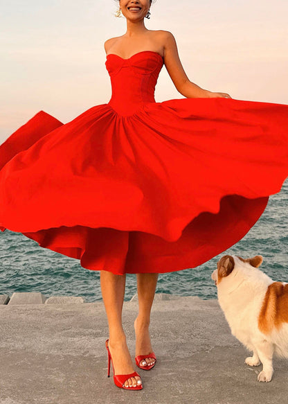 Cotton Patchwork Strapless Italian Wrinkled Summer Red Dress