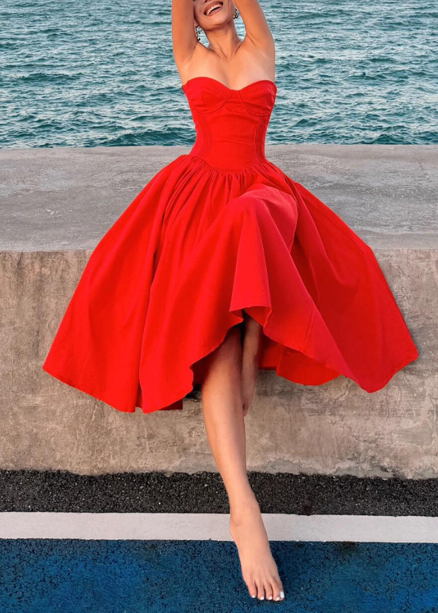 Cotton Patchwork Strapless Italian Wrinkled Summer Red Dress