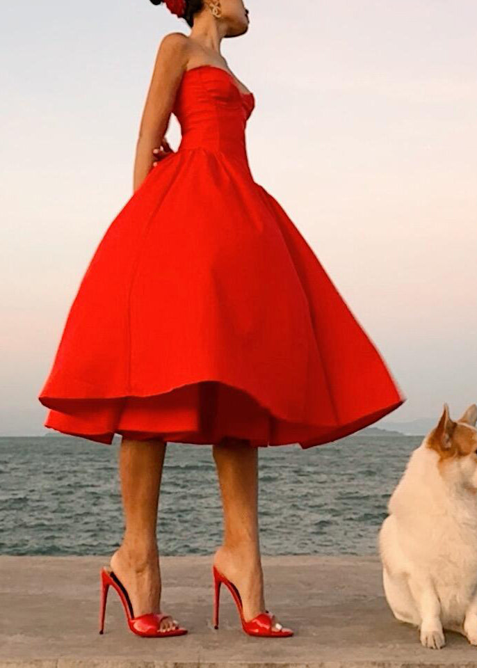 Cotton Patchwork Strapless Italian Wrinkled Summer Red Dress